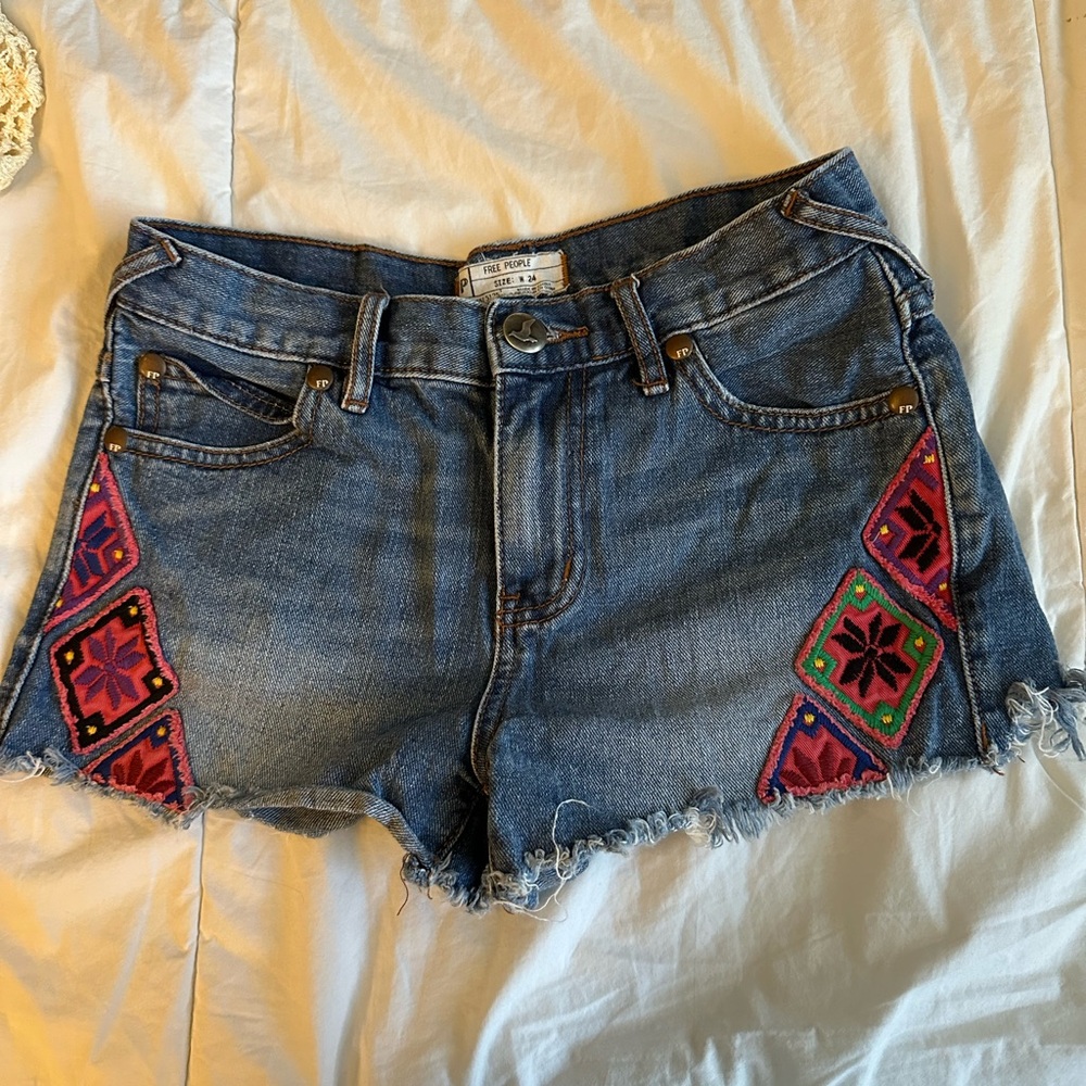 Free People Embroidered Denim Shorts